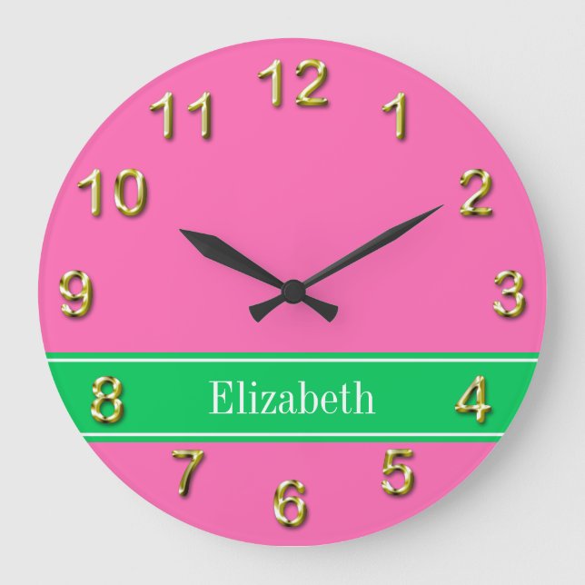 Solid Hot Pink #2 Emerald Green Rbn Name Monogram Große Wanduhr (Vorderseite)