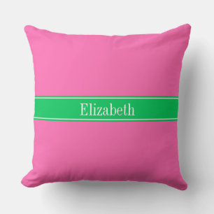 Solid Hot Pink #2 Emerald Green Rbn Name Monogram Kissen