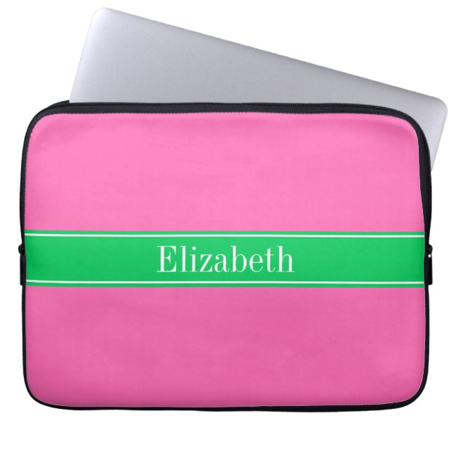 Solid Hot Pink #2 Emerald Green Rbn Name Monogram Laptopschutzhülle (Vorderseite)