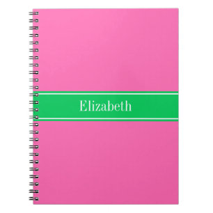 Solid Hot Pink #2 Emerald Green Rbn Name Monogram Notizblock