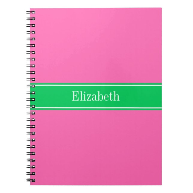 Solid Hot Pink #2 Emerald Green Rbn Name Monogram Notizblock (Vorderseite)