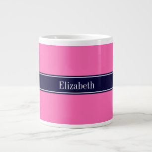 Solid Hot Pink #2, Navy Blue Ribbon Name Monogram Jumbo-Tasse