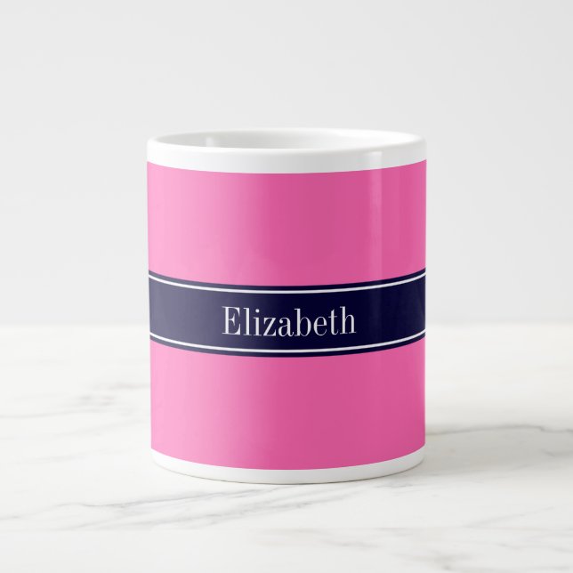 Solid Hot Pink #2, Navy Blue Ribbon Name Monogram Jumbo-Tasse (Vorderseite)