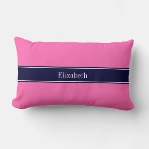 Solid Hot Pink #2, Navy Blue Ribbon Name Monogram Lendenkissen