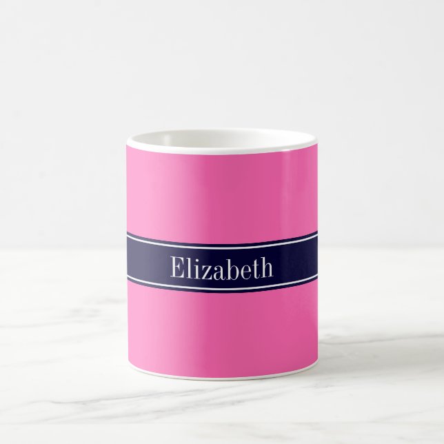 Solid Hot Pink #2, Navy Blue Ribbon Name Monogram Tasse (Mittel)