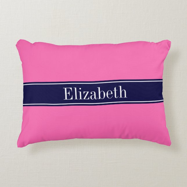 Solid Hot Pink #2 Ribbon Navy Blue Name Monogram Zierkissen (Vorderseite)