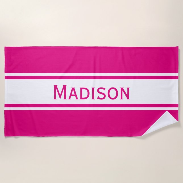 Solid Hot Pink White Stripes Moderner Name Strandtuch (Vorderseite)