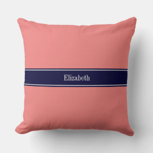 Solid Light Coral, Navy Blue Ribbon Name Monogram Kissen