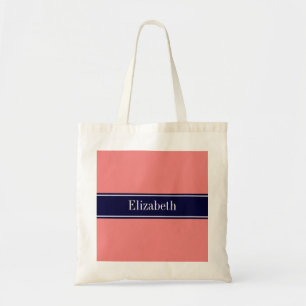 Solid Light Coral, Navy Blue Ribbon Name Monogram Tragetasche