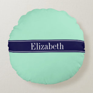 Solid Light Mint, Navy Blue Ribbon Name Monogram Rundes Kissen