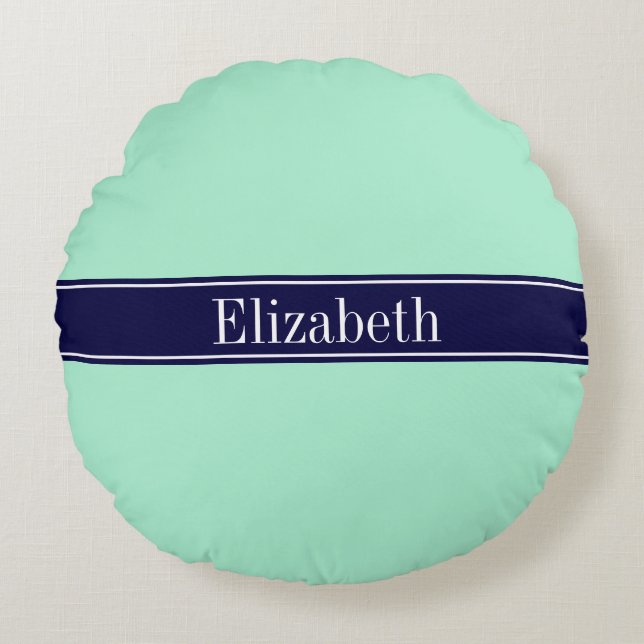 Solid Light Mint, Navy Blue Ribbon Name Monogram Rundes Kissen (Vorderseite)