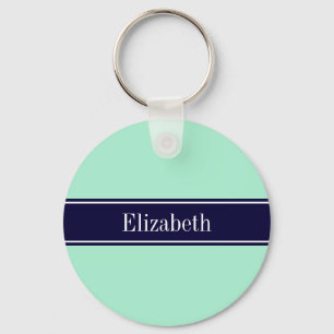 Solid Light Mint, Navy Blue Ribbon Name Monogram Schlüsselanhänger