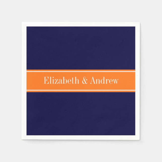 Solid Navy Blau, Pumpkin Ribbon Name Monogram Serviette (Vorderseite)