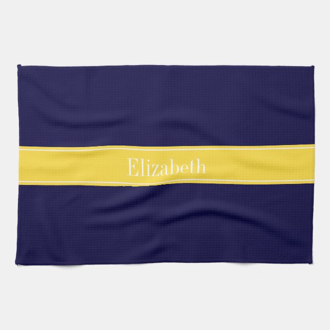 Solid Navy Blue, Ananas Ribbon Name Monogram Geschirrtuch (Horizontal)
