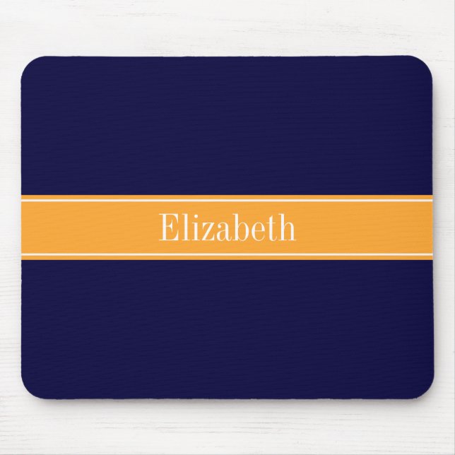 Solid Navy Blue, Cantaloupe Ribbon Name Monogram Mousepad (Vorne)