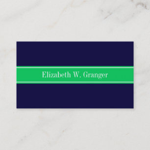 Solid Navy Blue Emerald Green Ribbon Name Monogram Visitenkarte