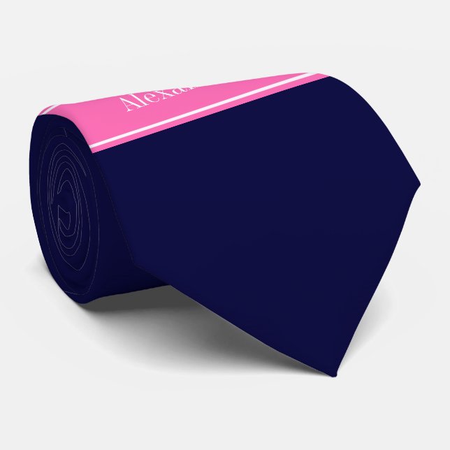 Solid Navy Blue Hot Pink #2 Multiband Name Monogra Krawatte (Gerollt)
