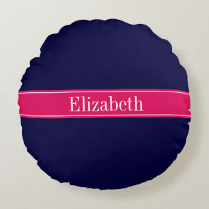 Solid Navy Blue, Raspberry Ribbon Name Monogram Rundes Kissen