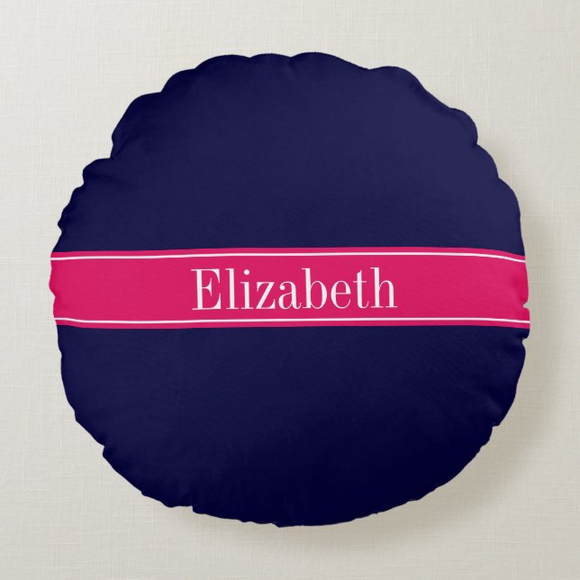 Solid Navy Blue, Raspberry Ribbon Name Monogram Rundes Kissen (Vorderseite)