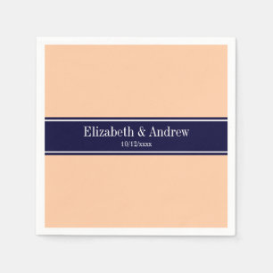 Solid Peach, Navy Blue Ribbon Name Monogram Serviette