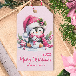 Solid Pink Frohe Weihnachten Niedlich Pinguin Cust Geschenkanhänger