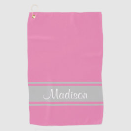 Solid Pink Gray Stripes Script Name Golfhandtuch