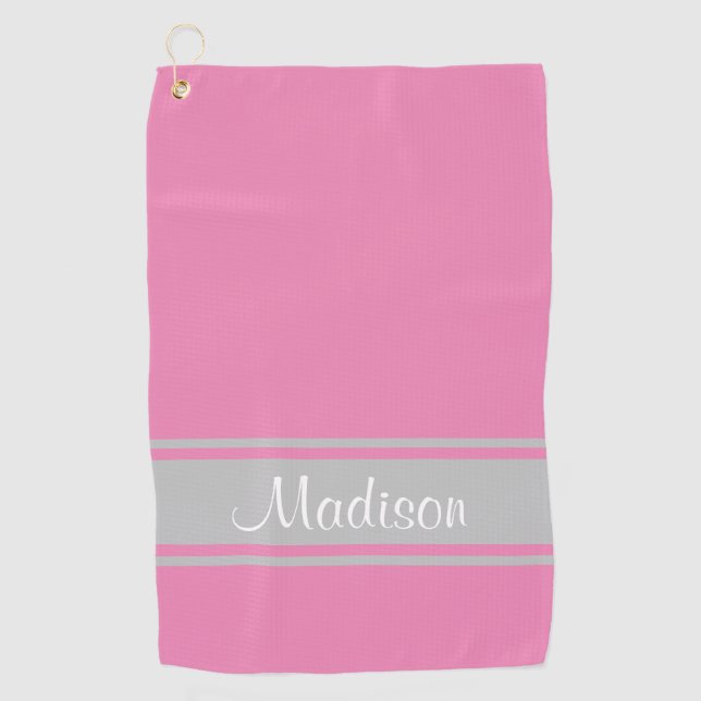 Solid Pink Gray Stripes Script Name Golfhandtuch (Vorderseite)