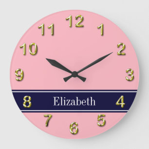 Solid rosa, Navy Blue Ribbon Name Monogram Große Wanduhr