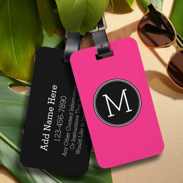 Solid schwarz und Hot Pink mit Monogramm Gepäckanhänger (Personalized luggage tag - Add Your contact information and monogram)