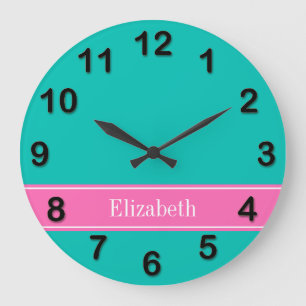 Solid Teal, Hot Pink #2 Ribbon Name Monogram Große Wanduhr