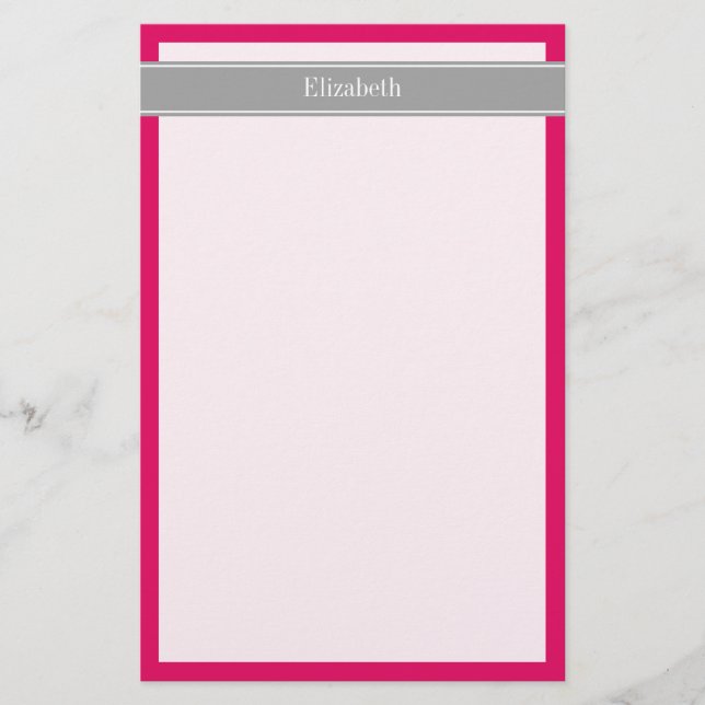 Solide Himbeere, dunkelgraue Ribbon-Monogramm Briefpapier (Vorderseite)