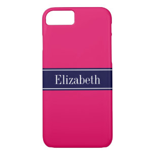 Solide Himbeere, Navy Blue Ribbon Name Monogram iPhone 8/7 Hülle