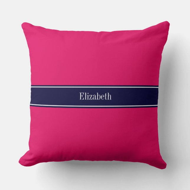 Solide Himbeere, Navy Blue Ribbon Name Monogram Kissen (Vorderseite)