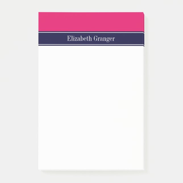 Solide Himbeere, Navy Blue Ribbon Name Monogram Post-it Klebezettel (Vorderseite)