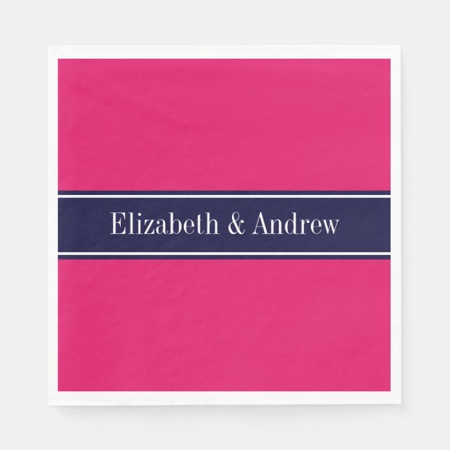 Solide Himbeere, Navy Blue Ribbon Name Monogram Serviette (Vorderseite)