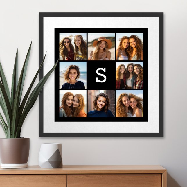 Solider schwarzer Fotocollage Custom Monogramm Poster (Personalized Wall Art with a Photo Collage)
