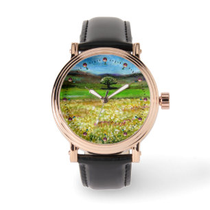 SOLITÄRISCHER BAUM IM FELD DER GRÜNGELBEN BLUME ARMBANDUHR