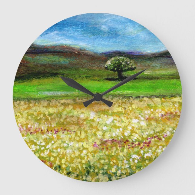 SOLITÄRISCHER BAUM IM FELD DER GRÜNGELBEN BLUME GROßE WANDUHR (Vorderseite)