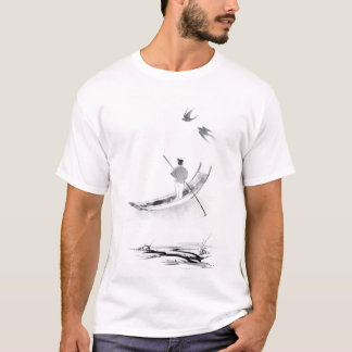 "Solitary Boat in Mist - Chinese Ink Wash Art" T-Shirt