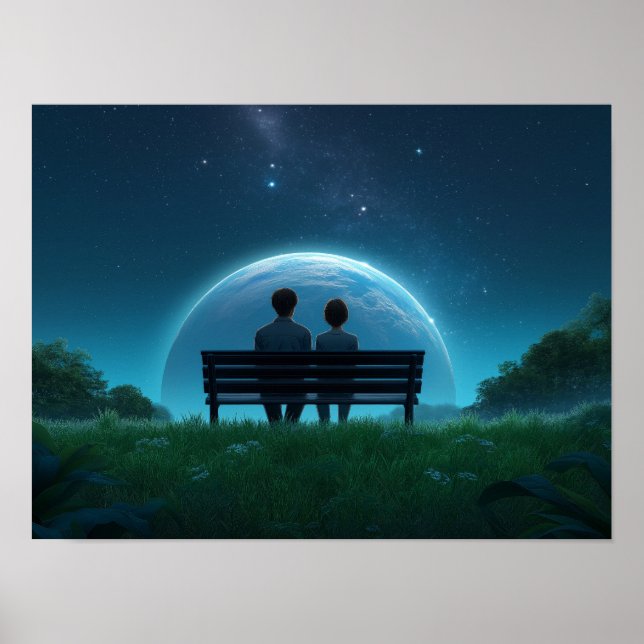 Solitary Man on Bench Watching Birds Black and Whi Poster (Vorne)