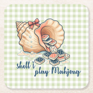 Soll ich Mahjong Coastal Gingham spielen Rechteckiger Pappuntersetzer