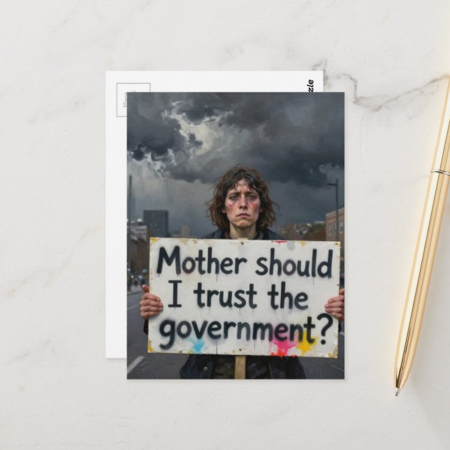Sollte ich der Regierung vertrauen, Mutter? Protes Postkarte (Vorderseite/Rückseite Beispiel)
