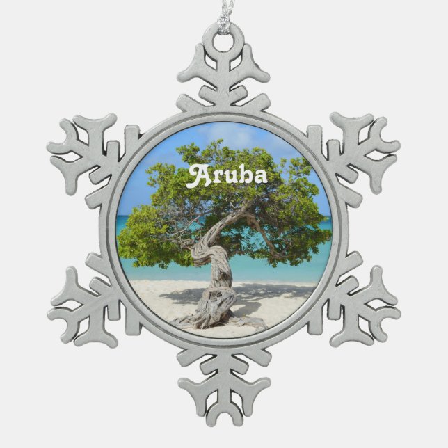 Solo- Divi Divi Baum in Aruba Schneeflocken Zinn-Ornament (Vorderseite)