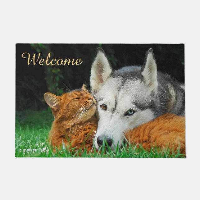 Somali Cat Husky Niedlich Friends Huddle Liebe Wil Fußmatte (Vorderseite)