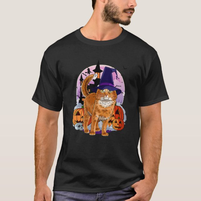 Somali Cat Niedlich Halloween Hexenkürbis T-Shirt (Vorderseite)