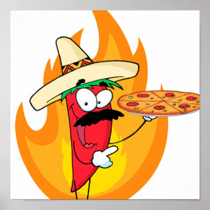 Sombrero Chile Chili Pepper hält Pizza hoch Poster