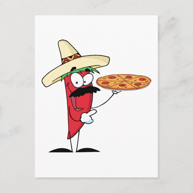 Sombrero Chile Pepper hält Pizza hoch Postkarte (Vorderseite)