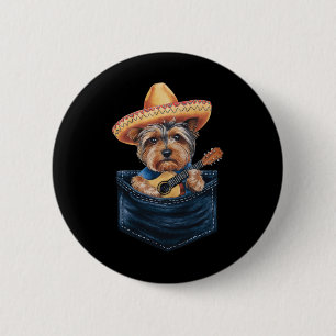 Sombrero Yorkshire Terrier Dog Playing Guitar Cinc Button