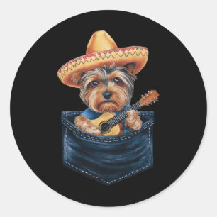 Sombrero Yorkshire Terrier Dog Playing Guitar Cinc Runder Aufkleber