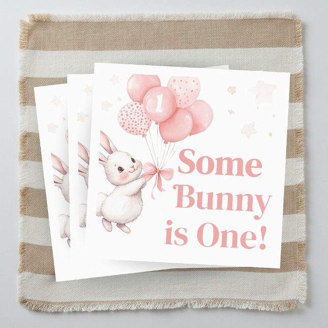 Some Bunny Balloon Geburtstagsfeier  Serviette (Some Bunny Pink Bow Balloon Birthday Party Napkin)